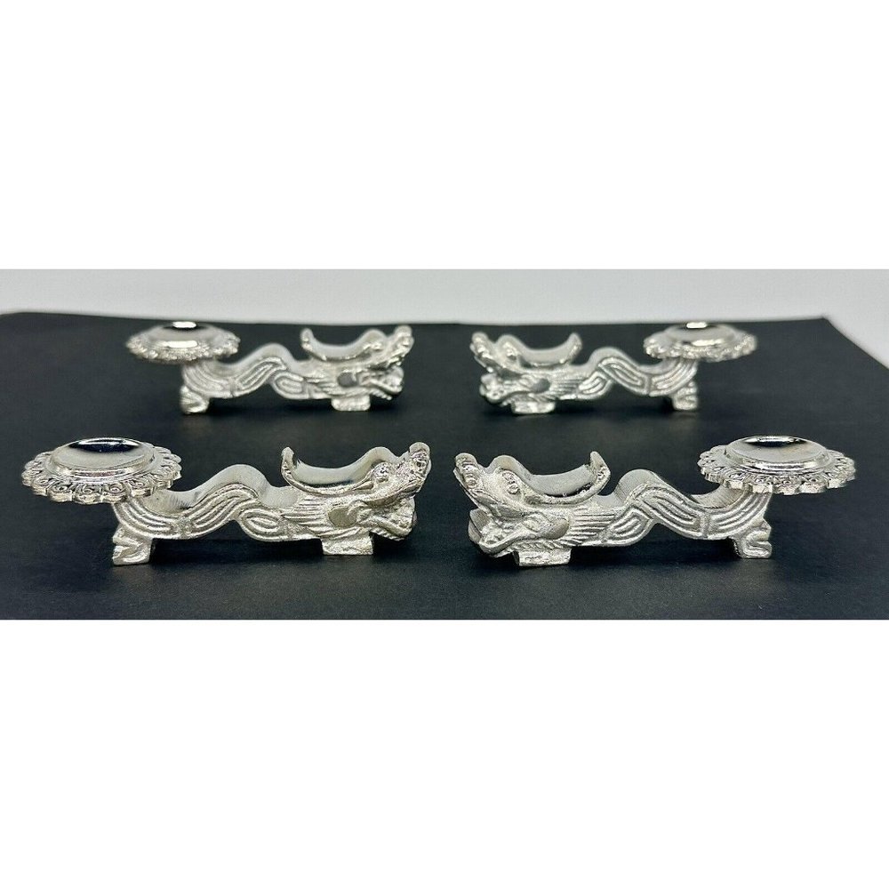 4 Vintage Chinese Dragon Silver Tone Chopstick Holder Spoon Rest Table Decor